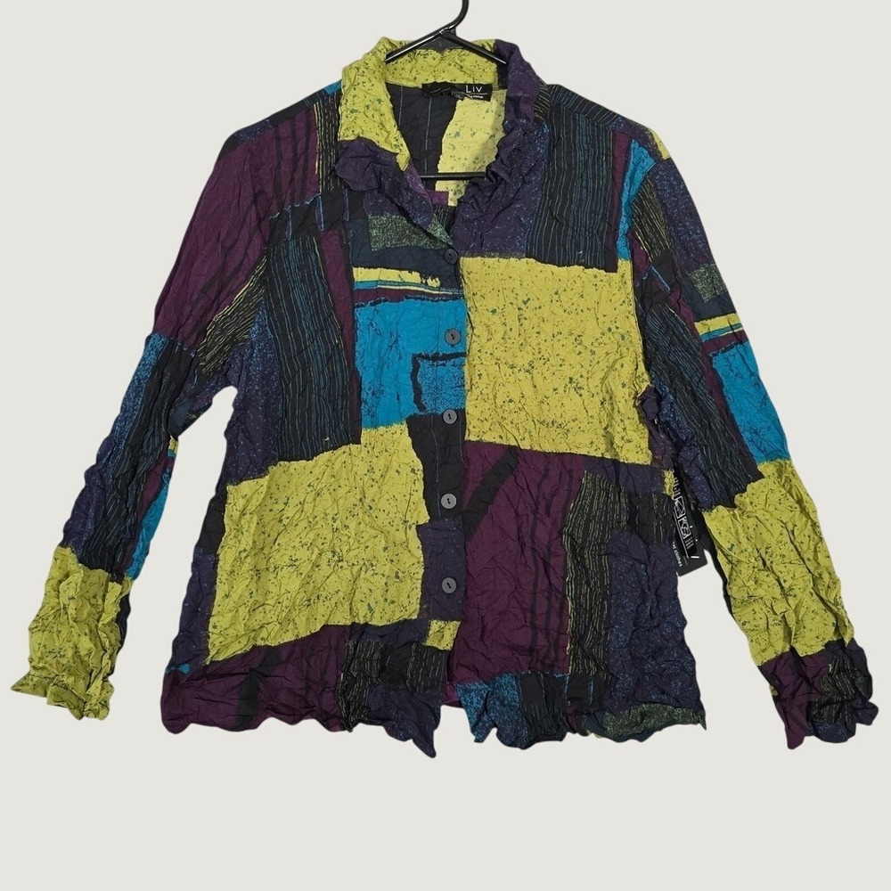 Liv by Habitat Clothes Crinkle Button Down Womens M Multicolor Patchwork Boho